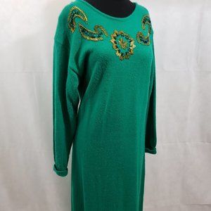 Green Vintage Sweater Dress with Gold/Green Decor